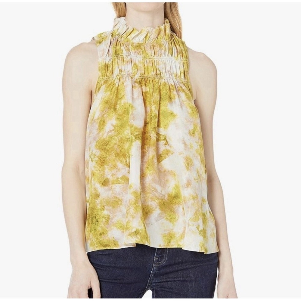 Joie New Watercolor Quiet Luxury Chartreuse Boho Fest  Mock Neck Fern‎  Top XXL